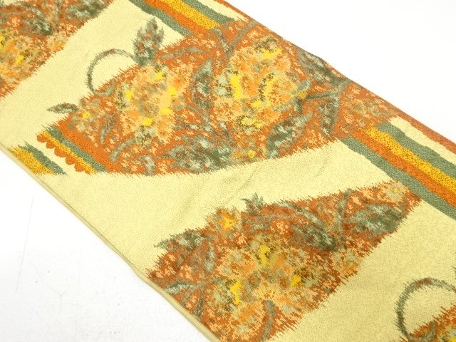 未使用品　縞に抽象草花模様織り出し　名古屋帯